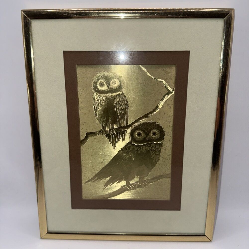Owl Owls Gold Foil Art Picture Framed by Manifestations 1983 - VINTAGE